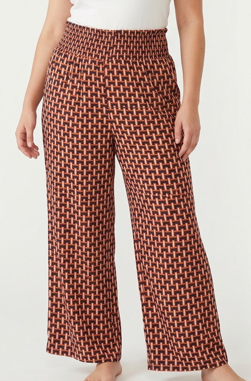 One 5 One Large Orange Blue Cream Print Wide Leg Pants 100% Rayon